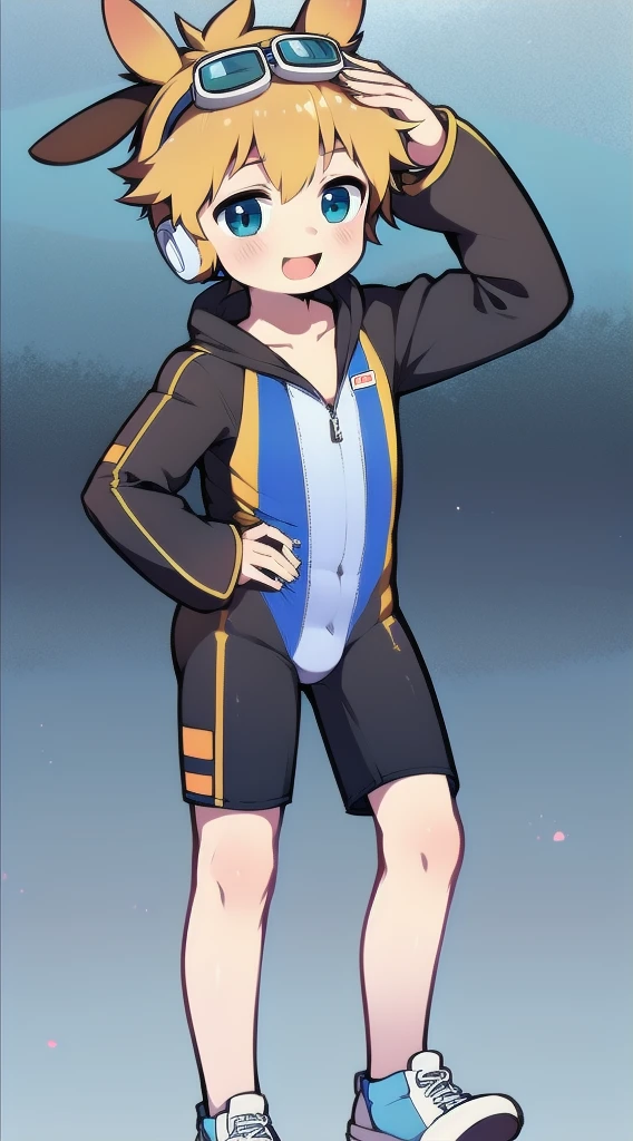 2D Boy Shota，One-piece mountaineering suit，Slim, Put the headphones on your head，stand up，goggles，Rabbit ears，happy，tie，Zipper pulled down，sports shoes