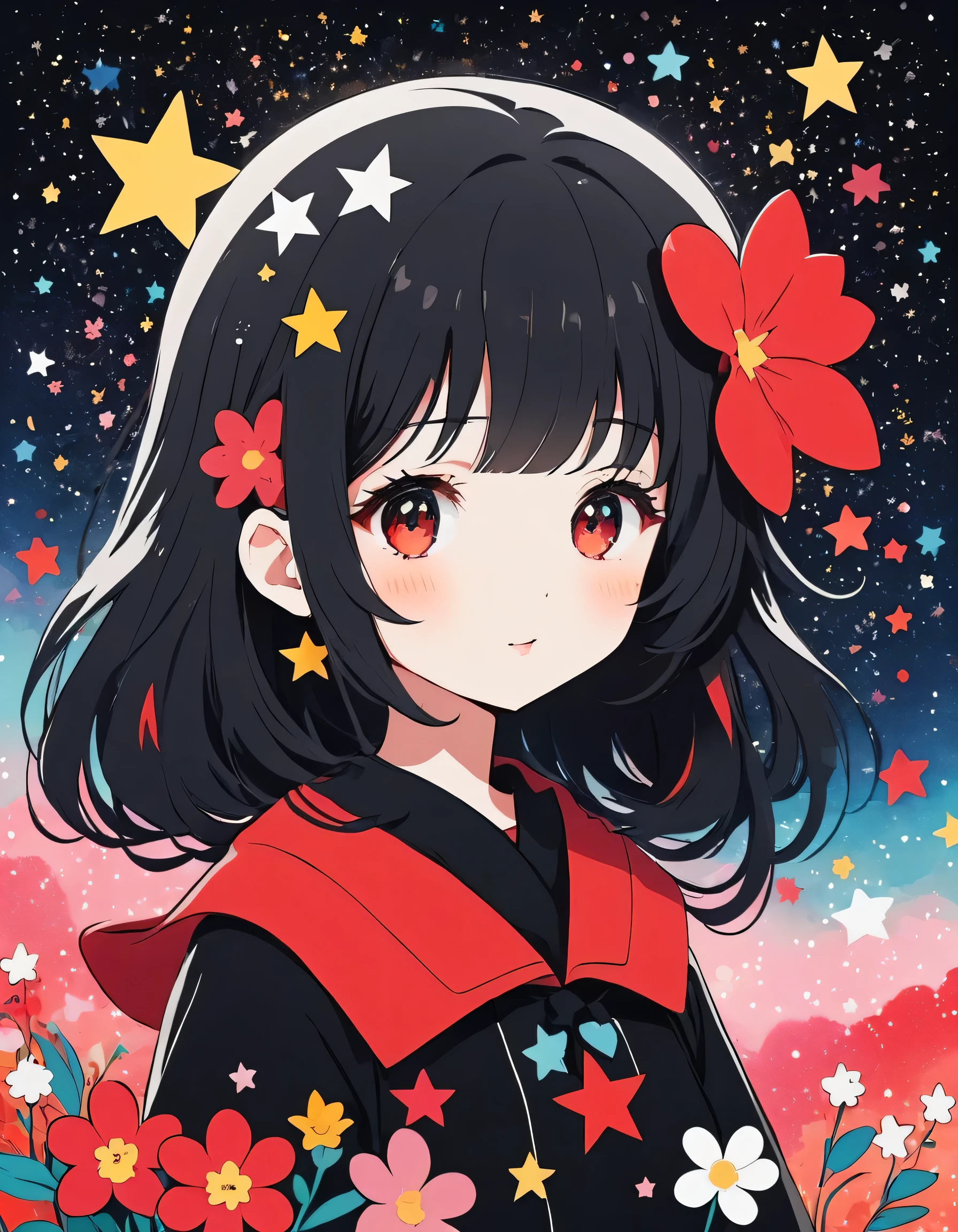 Black Star Red and White style, Simple Line Initialism,Abstract art,kawaii Design, (((The most kawaii girl of all time))), The background is star dust, colorful hearts, colorful flowers,