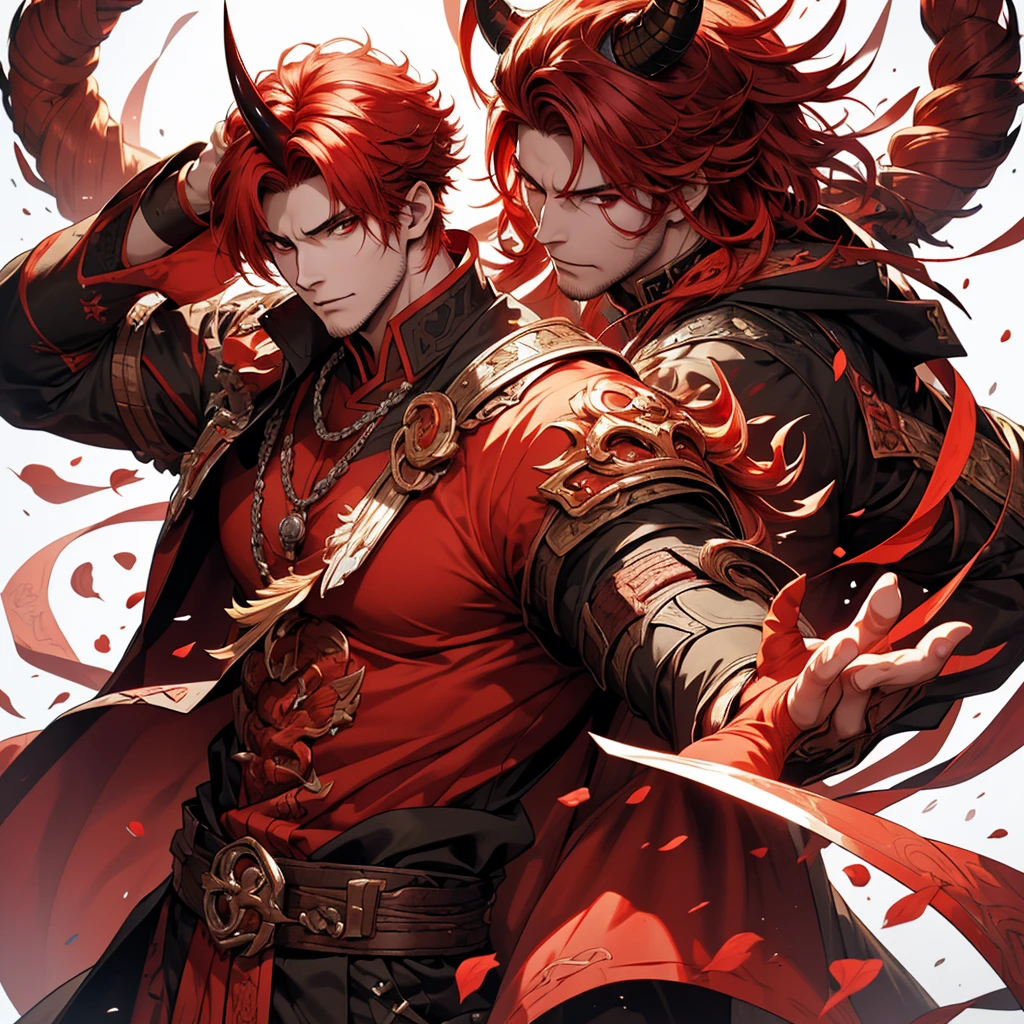 1 handsome guy in demon killer art, demon horn, red hair，,  Inspired by Bian Shoumin, heise jinyao, Inspired by Seki Dosheng, Cai Xukun, by Yang J, Guviz-style artwork, Deviantart ArtStation CGSCOSIETY, demon slayer rui fanart