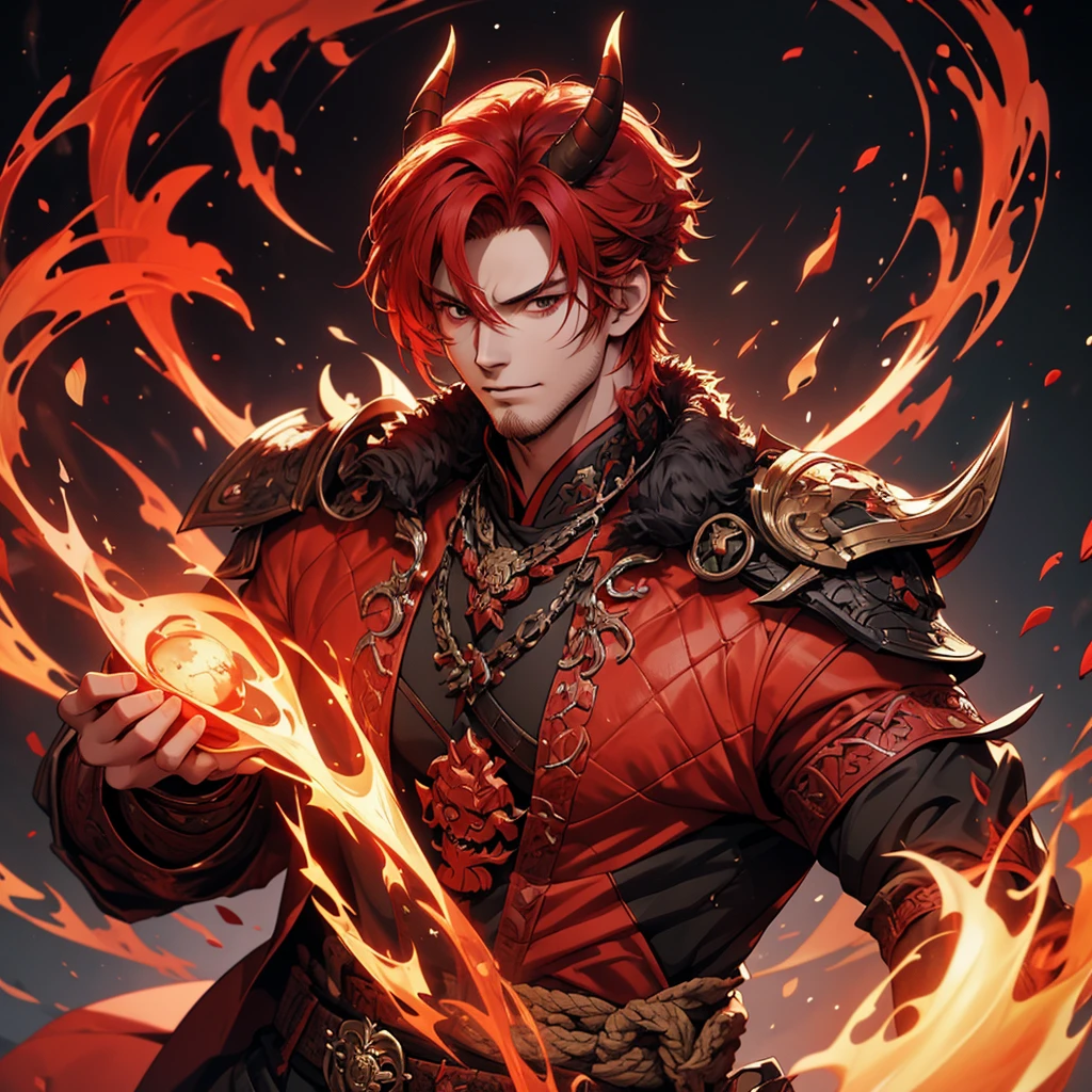 1 handsome guy in demon killer art, demon horn, red hair，,  Inspired by Bian Shoumin, heise jinyao, Inspired by Seki Dosheng, Cai Xukun, by Yang J, Guviz-style artwork, Deviantart ArtStation CGSCOSIETY, demon slayer rui fanart