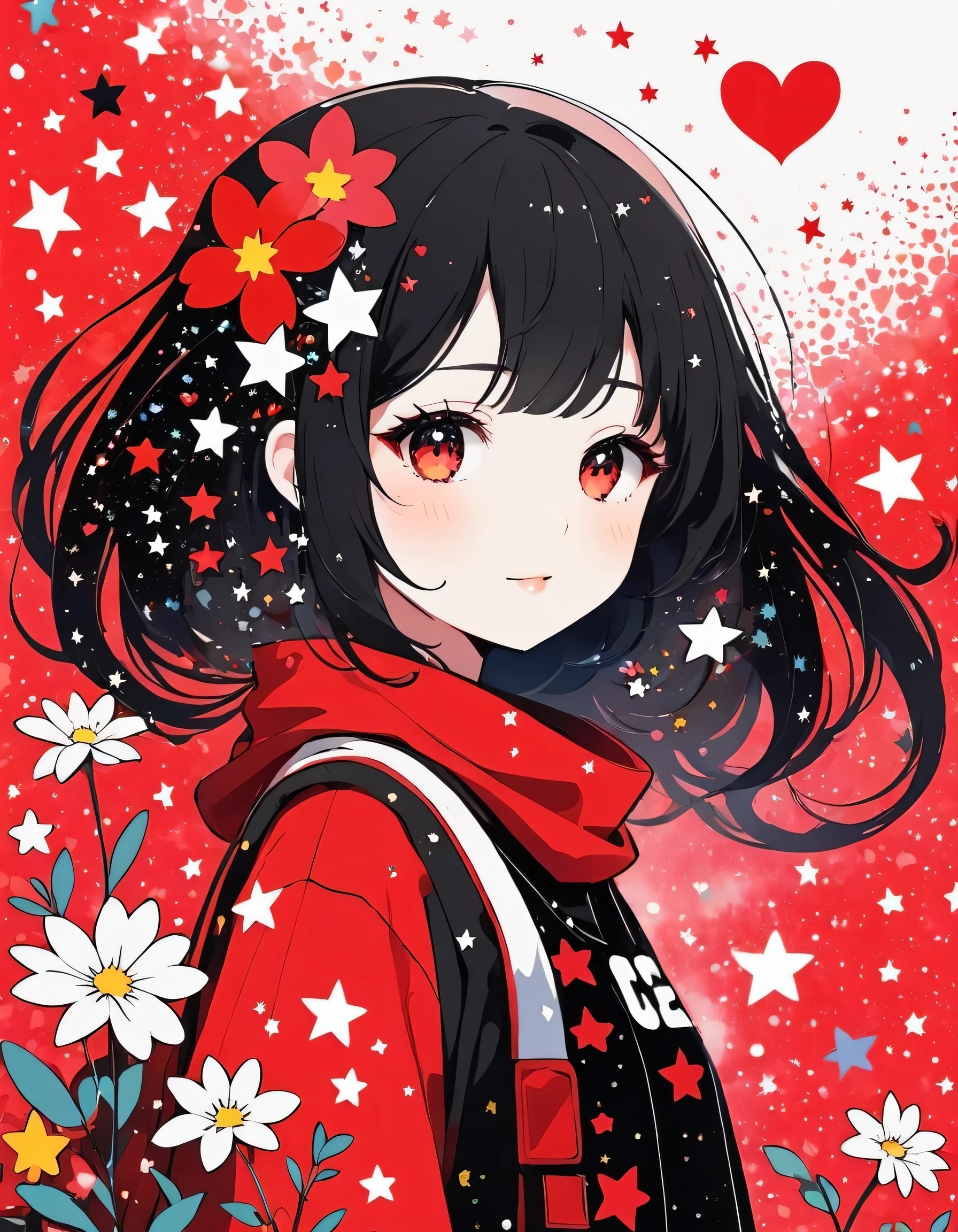 Black Star Red and White style, Simple Line Initialism，Abstract art，kawaii Design, (((The most kawaii girl of all time))), The background is star dust, colorful hearts, colorful flowers,