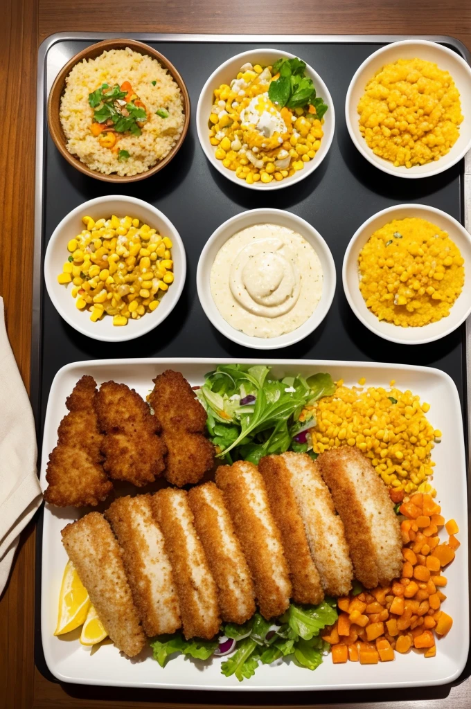 Make an image of the following menu: Breaded fish fillet, Beef mince with carrot, Corn cream, Fried Polenta and Salad.