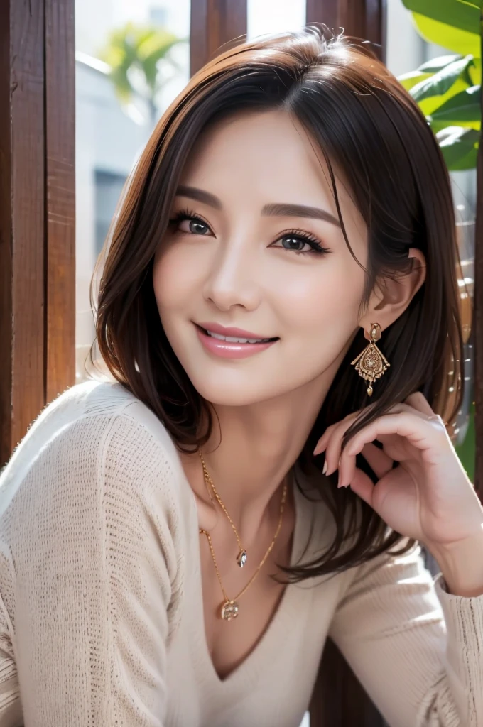 muste piece、best quality、illustration、 Super detailed、fine details、 High resolution、8K Dende Wallpaper、perfect dynamic composition、30 year old beautiful mature woman、clear、detailed face、detailed eyes、textured skin、smile、small breasts、casual wear、luxury salem outfit, necklace, earings,