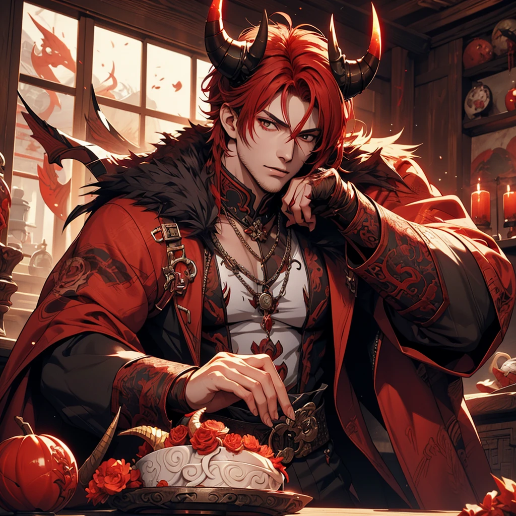 1 handsome guy in demon killer art, demon horn, red hair，,  Inspired by Bian Shoumin, heise jinyao, Inspired by Seki Dosheng, Cai Xukun, by Yang J, Guviz-style artwork, Deviantart ArtStation CGSCOSIETY, demon slayer rui fanart, 