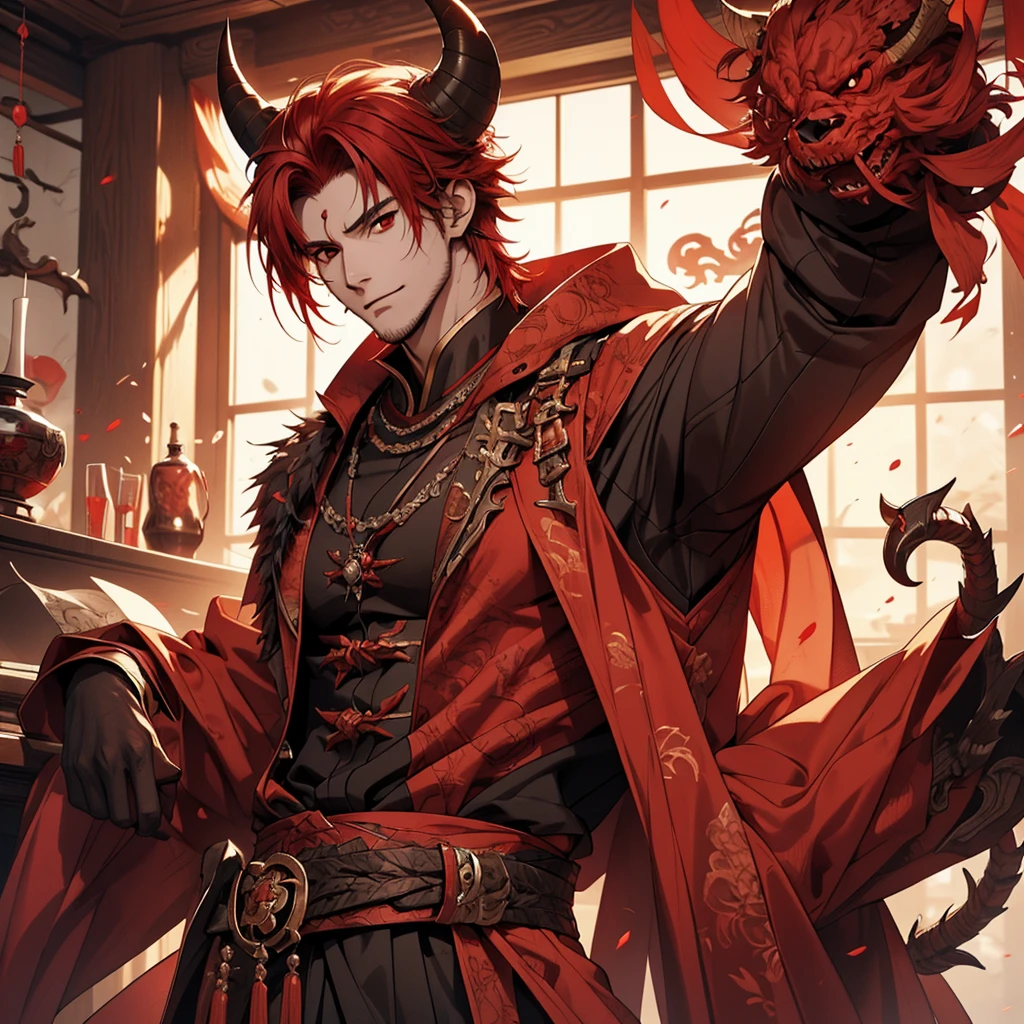 1 handsome guy in demon killer art, demon horn, red hair,, Inspired by Bian Shoumin, heise jinyao, Inspired by Seki Dosheng, Cai Xukun, by Yang J, Guviz-style artwork, Deviantart ArtStation CGSCOSIETY, demon slayer rui fanart,