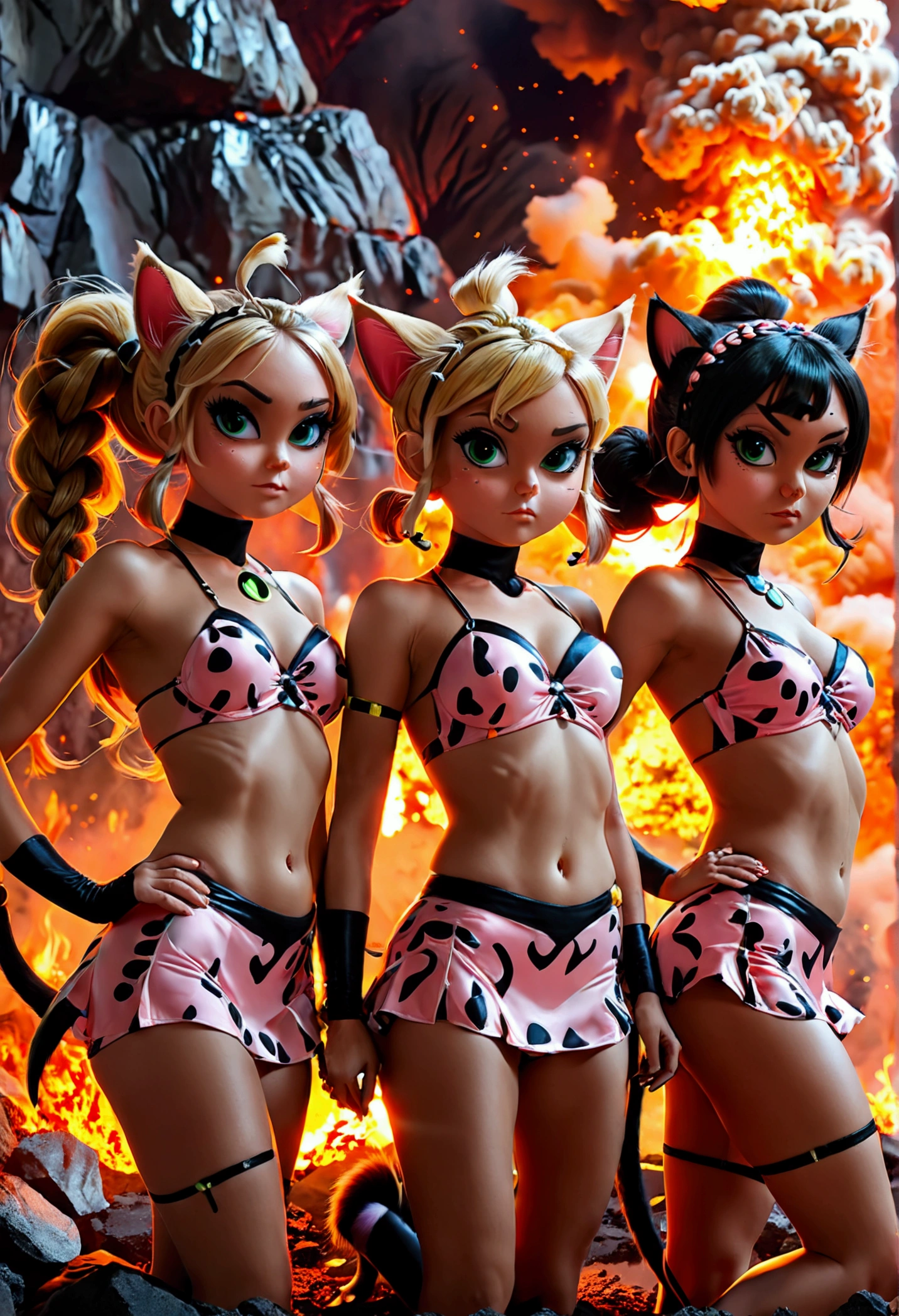 The adult powerpuff girls. (Cat costume hair braid and tail, nude). Orgy inside a volcano. crazy monkey has anal sex with them