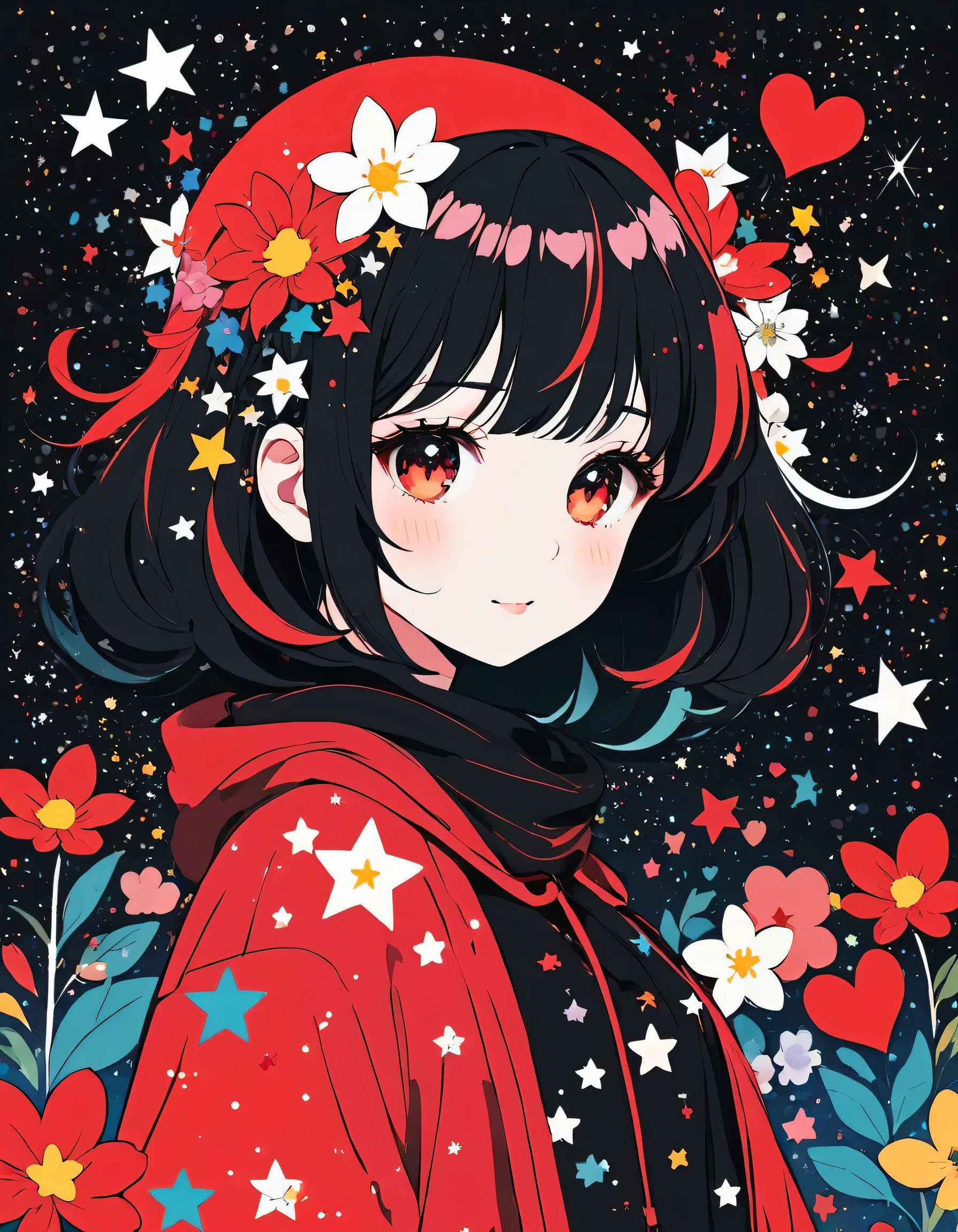 Black Star Red and White style, Simple Line Initialism，Abstract art，kawaii Design, (((The most kawaii girl of all time))), The background is star dust, colorful hearts, colorful flowers,