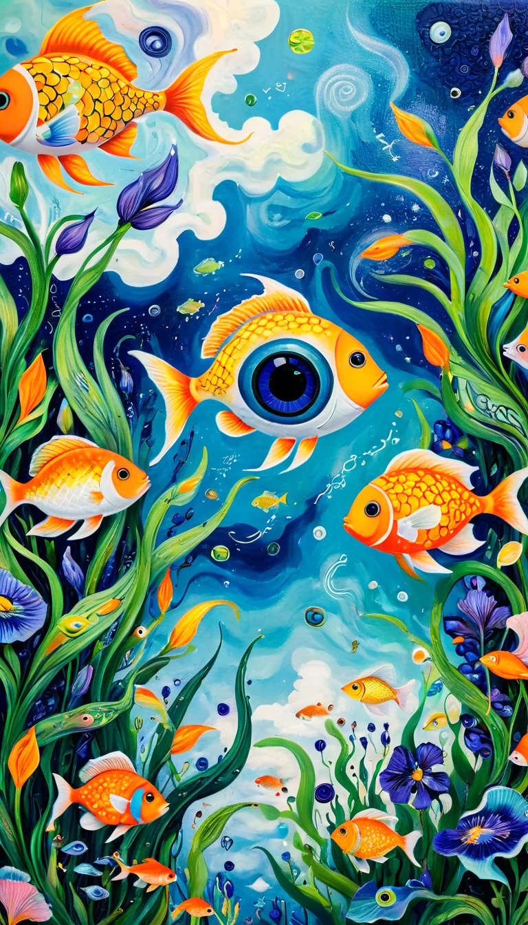 Children's graffiti,Thick coating,Concave and convex texture,Oil pastel strokes:木瓜里的章fish,A cloud,、iris、fish、Tentacles、bird、Eye、diatom,Abstract mosaic painting,Describing the inner world of autistic people,Sense of space,White Space,interesting,Innocence,Psychedelic Art,Orange overall