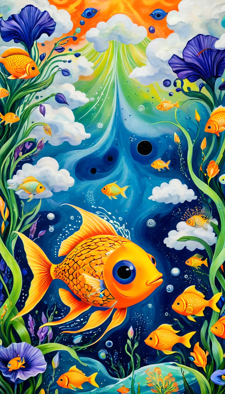 Children's graffiti,Thick coating,Concave and convex texture,Oil pastel strokes:木瓜里的章fish,A cloud,、iris、fish、Tentacles、bird、Eye、diatom,Abstract mosaic painting,Describing the inner world of autistic people,Sense of space,White Space,interesting,Innocence,Psychedelic Art,Orange overall