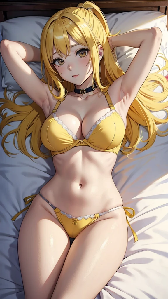 Anime girl big boob
Very tight bra
Yellow hair
In bed
