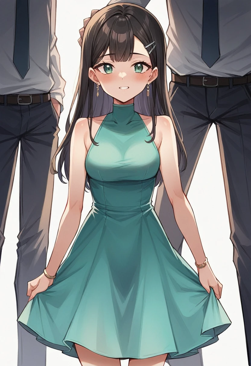 Long wavy dark hair with bangs ((looks like 20yr old Bettie Paige)), bangs hair, (( 20 yrs old female))) with a much younger (teen) handsome male wearing typical teenager male clothing, babe with fitted short black a-line flare dress, (((female wears skimpy dress with black ultra sheer high gloss pantyhose))), sitting on floor with her legs open wide, couple sits by a Christmas tree and he lifts her black dress, legs are open exposing her seamless pantyhose crotch, male caresses her, he fondles her touching her pantyhose crotch, she wears no shoes exposing her cute pantyhose feet, UHD