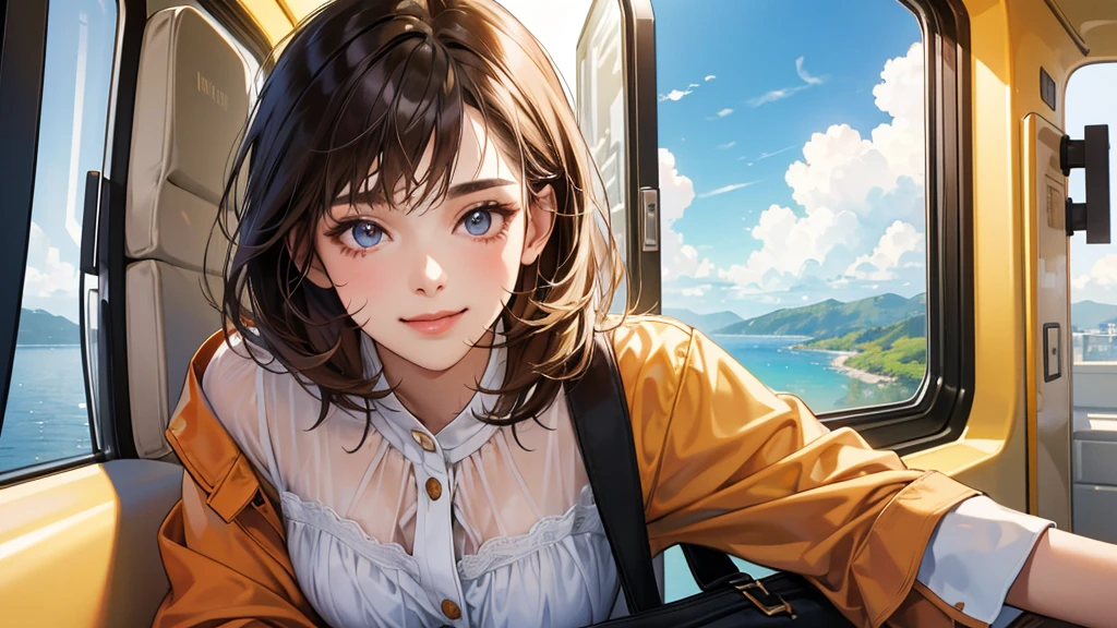 (perfect anatomy:1.2)(absurdres, highres, ultra detailed),masterpiece,best quality,high resolution,8K,Realistic face,Realistic skin texture,magnified textures, stunning clarity,detailed girl,1 girl.(ultra detailed eyes and face),22 years old.gley jacket,White blouse、Brown Hair、Shortcuts、Natural Makeup、Women's Pants、good feeling、laughing、morningの通勤電車、clear、smilingly、morning、clearれやか、Orange Tote Bag、Window、Looking at the sky