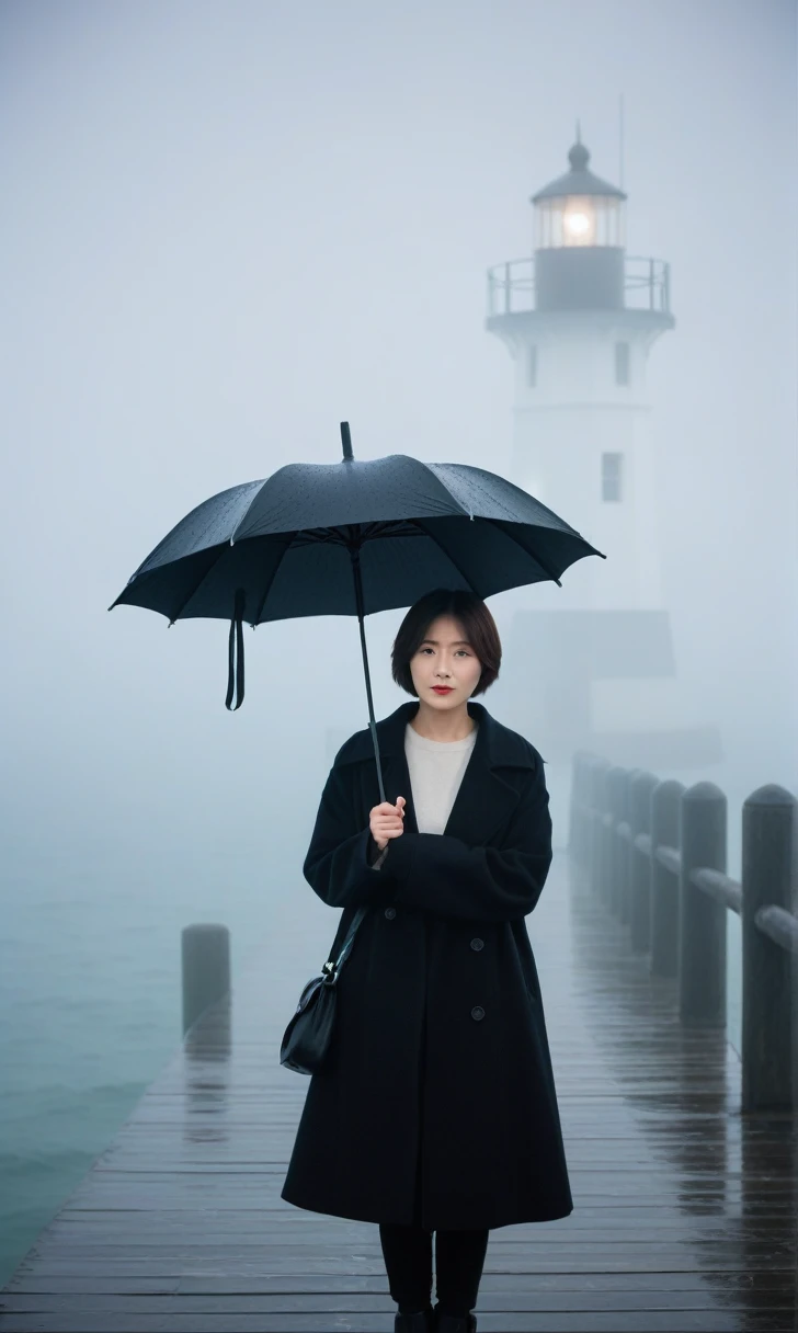 Beautiful 36 year old Korean woman, short medium hair, Black coat, 멀리 Fog속 lighthouse, black umbrella, cool,rain,blur,Fog,middle,cool,boring,,pier,only,lighthouse,Coast, The dim light shines in the Fog,and the figure stands in the Fog holding an umbre