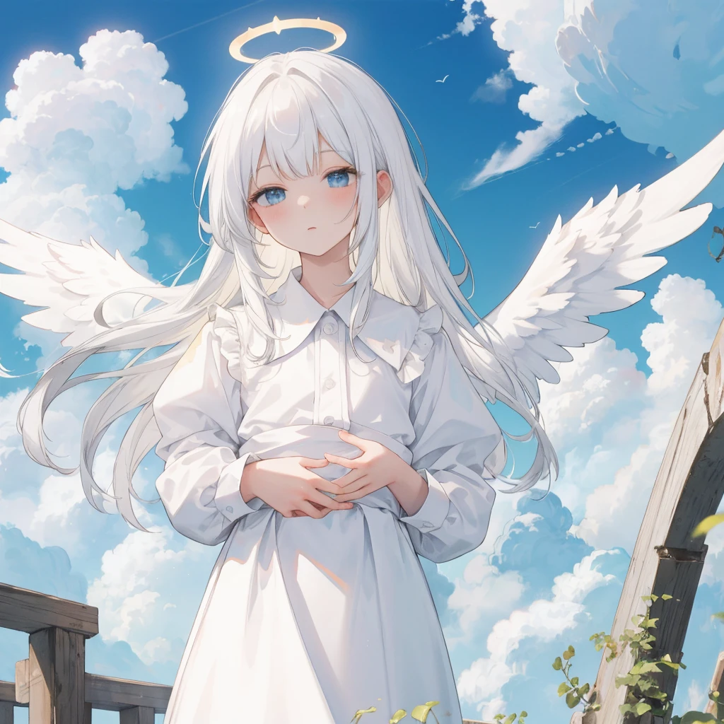 masterpiece, very high quality,angel, light, (clouds:1.3), flying in the sky, white angel wings, halo, blande hair, golden coloring
