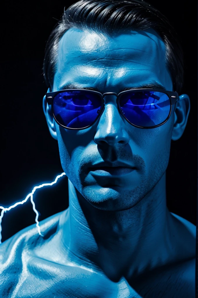 Make a blue man with sunglasses in the dark his face filled with blue lightning

