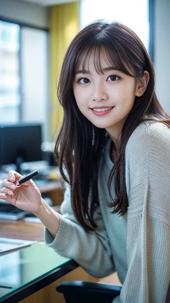 (8K, RAW Photos, Highest quality, masterpiece:1.3), (Realistic, photo-Realistic:1.4), (Highly detailed 8K wallpaper), Sharp focus, Written boundary depth,
Japanese Idols,very cute,(Baby Face),sweater, Look at us and laugh, Upper Body, Highly detailed face and eyes,((Shiny skin:1.2)), Cinema Lighting, Soft Light, Blur the background, Bokeh,(office, Modern, stylish, Glass Wall, Open space:1.2)