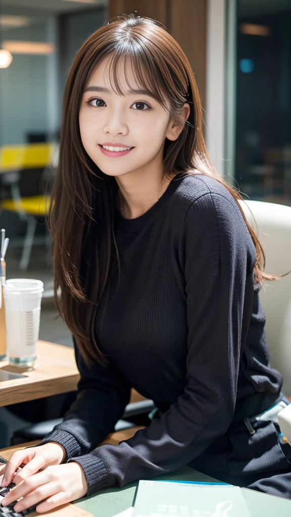  (8K, RAW Photos, Highest quality, masterpiece:1.3), (Realistic, photo-Realistic:1.4), (Highly detailed 8K wallpaper), Sharp focus, Written boundary depth,
 Japanese Idols,very cute,(Baby Face),sweater, Look at us and laugh, Upper Body, Highly detailed face and eyes,((Shiny skin:1.2)), Cinema Lighting, Soft Light, Blur the background, Bokeh,(office, Modern, stylish, Glass Wall, Open space:1.2)
