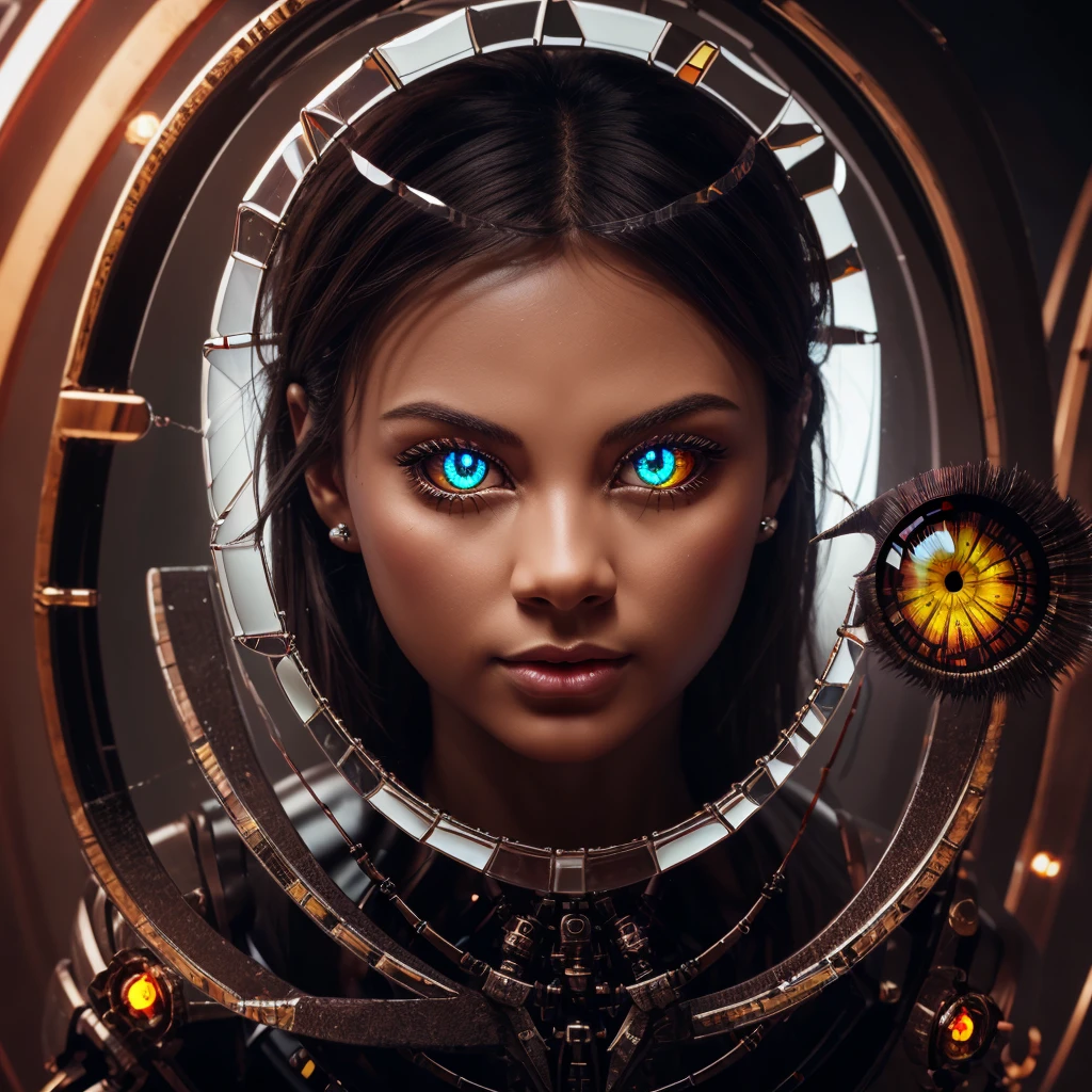 8K, Dark_Fantasy, delicate face, (delicate glass pupil: 1.5), standing full body portrait, black in one eye, red in one eye, 1 person, mechanical miracle, robot presence