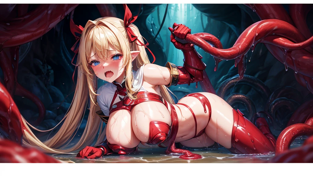 high quality, perfect face, masterpiece, blond hair, blue eyes, twin tail, red ribbon, long hair, straight hair, huge breasts, gigantic breasts, a soaking wet shirt clinging to her body, the armor slightly see through, show off pussy, huge breasts accentuated by a red armor in a white shirt, contrapposto, bust up, front shot, view of front, blush, chuckle, o-face, blush, cry, scream, see through, tentacles, tentacle fondle girl's breasts in cave, cave, red ribbon, wet see through white shirts, extreme close up of breasts, tentacle and girl are having sex, tentacle on breasts, red arm armor, scream, cry, tears, defloration, bleed from pussy, close eyes, virgin bleeding, tears