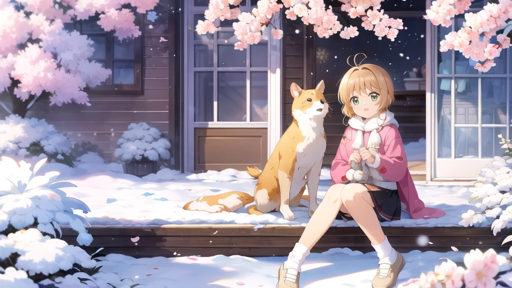 masterpiece, Highest quality, One girl, alone, cherry blossoms, Dressed in winter clothes, socks, Both sides up, It snows a lot