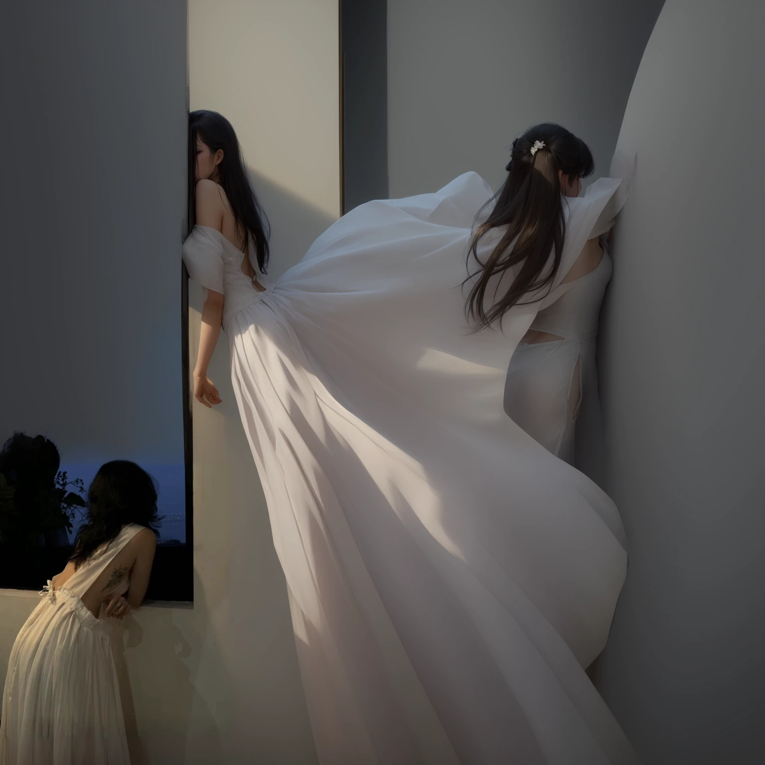 Arav woman in white dress leaning against the wall, Open skirt, light half Open skirt, Wearing a dress, Back slit, Rear view, Long skirt, 白色Long skirt, in a 白色Long skirt, floating dress, wearing a white floating dress, Rear view, Backless dress, Back posture, private moment, Rear view照片