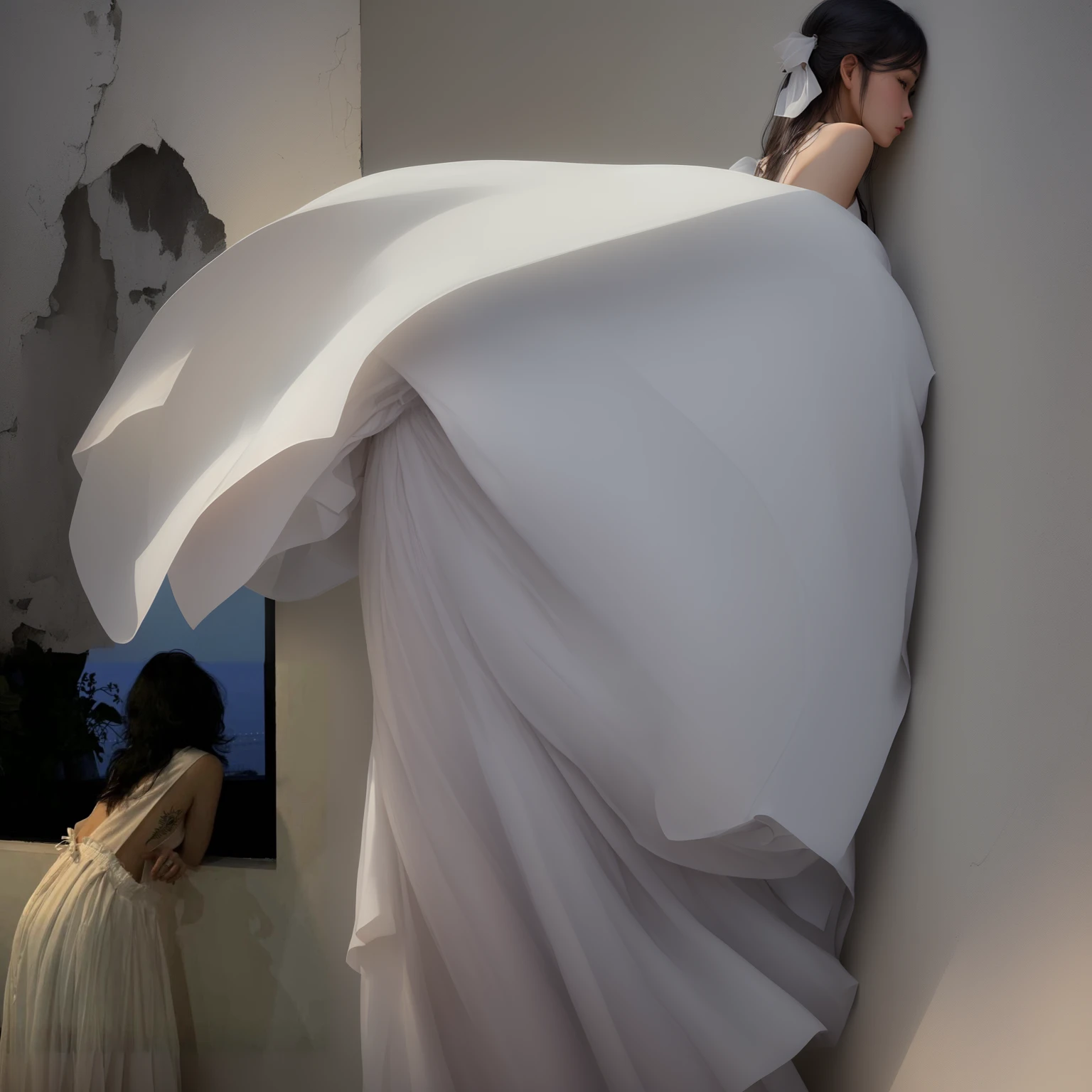 Arav woman in white dress leaning against the wall, Open skirt, light half Open skirt, Wearing a dress, Back slit, Rear view, Long skirt, 白色Long skirt, in a 白色Long skirt, floating dress, wearing a white floating dress, Rear view, Backless dress, Back posture, private moment, Rear view照片