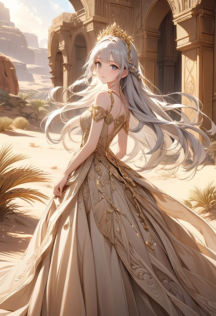   A charming and beautiful princess wearing a beige dress and a golden tiara with long hair is standing in front of a desert oasis in the desert,Silver hair swaying in the wind, 

               Beige dress with gold thread decoration, flowing fabric and rich details, Sophisticated and elegant jewelry, , Delicate and luxurious art masterpiece beautiful, Intricate details Delicate and dynamic depictions of magical atmosphere Aesthetic art Precisely detailed fantasy art Ultra-detailed，complicated，Film perspective，The use of light and shadow in CG art is bright, High-quality animation style presentation