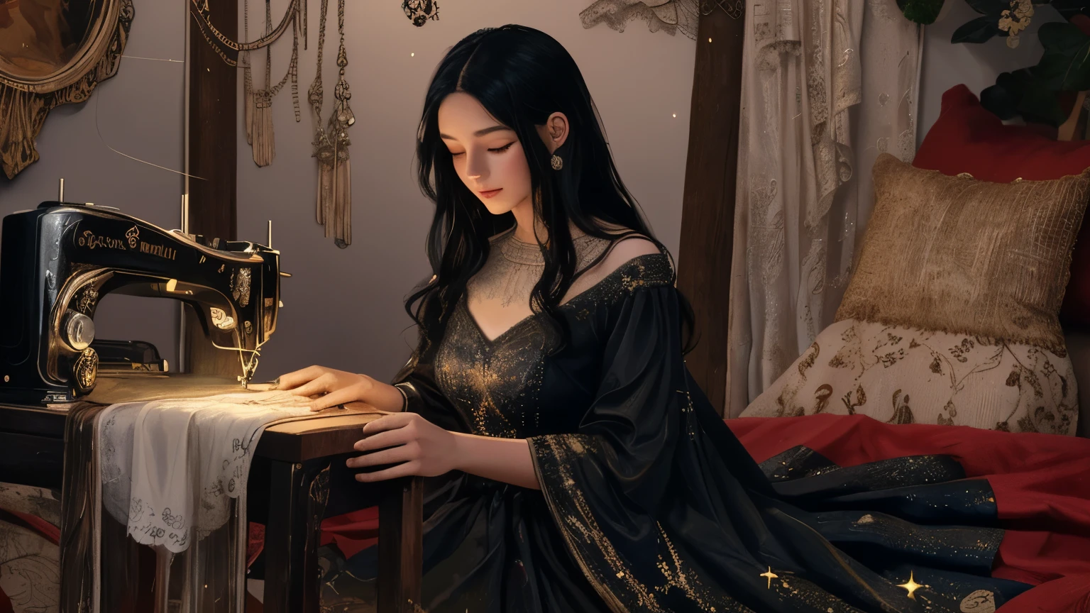 ((best quality)), ((masterpiece)), (detailed), A digital illustration of a young woman surrounded by fabric and sewing materials, with magical sparkles emanating from her hands as she creates a dress. She has long black hair and is wearing a flowing red dress.