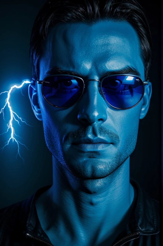 Make a blue man with sunglasses in the dark his face filled with blue lightning