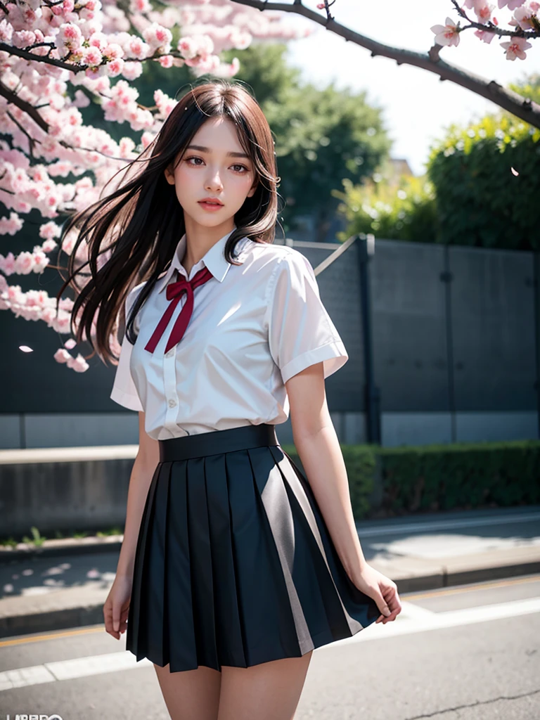 1girl, black skirt, branch, building, chain-link fence, cherry blossoms, fence, long hair, outdoors, petals, pleated skirt, rain, shirt, short sleeves, skirt, solo, standing, tree,
sky,street,Raw, cinematic shot, (sharp focus:1.5), (photorealistic:1.4), twilight lighting, volumetric lighting, ultra high res, 16K,dramatic lighting,