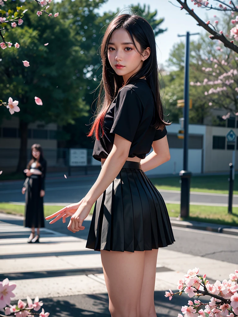 1girl, black skirt, branch, building, chain-link fence, cherry blossoms, fence, long hair, outdoors, petals, pleated skirt, rain, shirt, short sleeves, skirt, solo, standing, tree,
sky,street,Raw, cinematic shot, (sharp focus:1.5), (photorealistic:1.4), twilight lighting, volumetric lighting, ultra high res, 16K,dramatic lighting,
