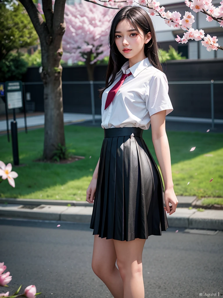 1girl, black skirt, branch, building, chain-link fence, cherry blossoms, fence, long hair, outdoors, petals, pleated skirt, rain, shirt, short sleeves, skirt, solo, standing, tree,
sky,street,Raw, cinematic shot, (sharp focus:1.5), (photorealistic:1.4), twilight lighting, volumetric lighting, ultra high res, 16K,dramatic lighting,