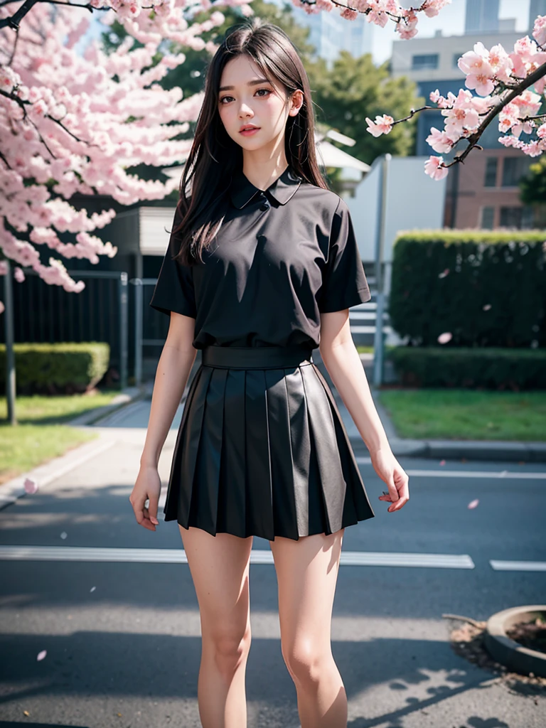 1girl, black skirt, branch, building, chain-link fence, cherry blossoms, fence, long hair, outdoors, petals, pleated skirt, rain, shirt, short sleeves, skirt, solo, standing, tree,
sky,street,Raw, cinematic shot, (sharp focus:1.5), (photorealistic:1.4), twilight lighting, volumetric lighting, ultra high res, 16K,dramatic lighting,