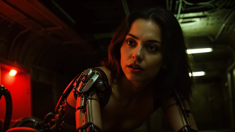 score_9, score_8_up, score_7_up, source_photo, (photography, realistic:1.4), cinematic, depth of field, bokeh, best quality BREAK
1girl, solo, hybrid creature, mutation, low angle, alluring, hybrid cyborg, fusion of curvy brunette woman with mechanical limbs and organic torso, underground bunker, red emergency lights, shadowy corners, intense gaze, vibrant colors
