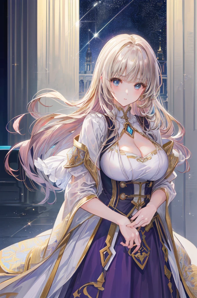(((Dress Transparent Dress))), (((The dress features a voluminous hoop skirt and a long hem..、Gorgeous, 比類のないほどGorgeousロココ調ビクトリア朝のガウン, Princess style skirt))), (ガウン Shine まばゆいばかりに キラキラ 反射する プリズム状 透明 ガウン:1.2), (Gown A very elaborate gown:1.5), ((Huge breasts)), (Expressive hair), Very voluminous、Very long hair, bangs, Super delicate and beautiful face, Beautiful Lips, (Hyper Detail: Delicate and beautiful eyes), Cleavage, Beautiful smile, (((Young Face, Solo and seductive adorable princess, age Girl, pretty girl, very pretty girl))), (Anime Moe Art Style 1.3), (((masterpiece, Very detailed, Highest quality, Ultra-high resolution, Great quality, Superior Quality, Very detailed, Ultra-high resolution, Unity 16K, 32k, ultra photo Realistic))), (Face Focus, Eye focus, Realistic, Blurred Background, Lens flare, Shine, Light corrosion effect:1.5), (Background of the church at night:1.3),