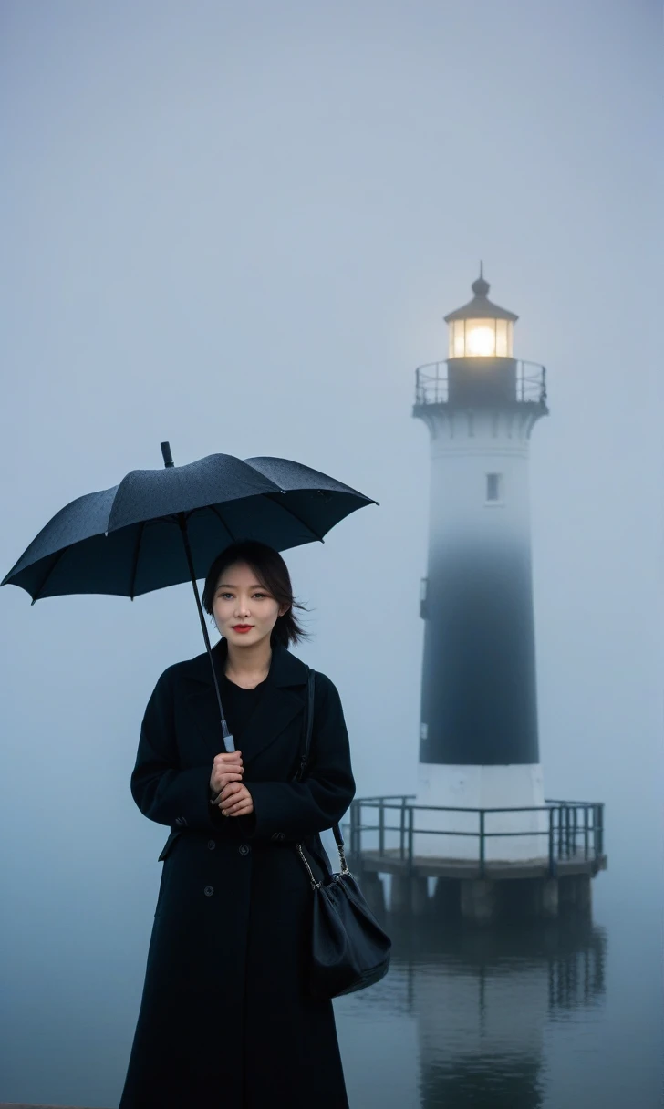 Beautiful 36 year old Korean woman, 짧은 middle 머리, Black coat, 멀리 Fog속 lighthouse, black umbrella, cool,rain,blur,Fog,middle,cool,boring,,pier,only,lighthouse,Coast, The dim light shines in the Fog,and the figure stands in the Fog holding an umbre