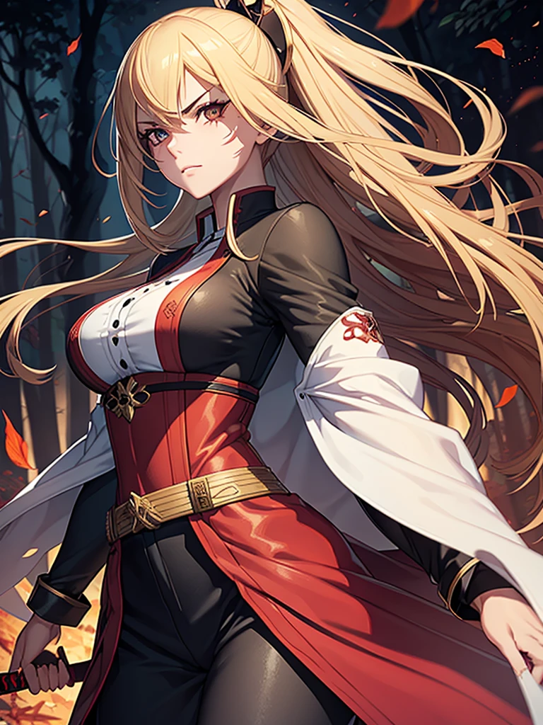 A beautiful young woman with short brown hair and a mix of blonde and brown eyes, wearing the standard Demon Slayer Corps uniform. She has a red haori with a pattern on it, and a large plus-shaped scar in the middle of her forehead, with bangs covering it. She has an elegant, serious, and kind expression, embodying the Demon Slayer art style. The woman is standing in a peaceful, daytime forest, holding a katana sword. She shines like a diamond, radiating an ethereal beauty. (best quality,4k,8k,highres,masterpiece:1.2),ultra-detailed,(realistic,photorealistic,photo-realistic:1.37),1girl,beautiful detailed eyes,beautiful detailed lips,extremely detailed eyes and face,longeyelashes,demon slayer uniform,red haori,plus-shaped scar,forest,katana sword,elegant,serious,kind,demon slayer art style,shining,diamond-like,anime
