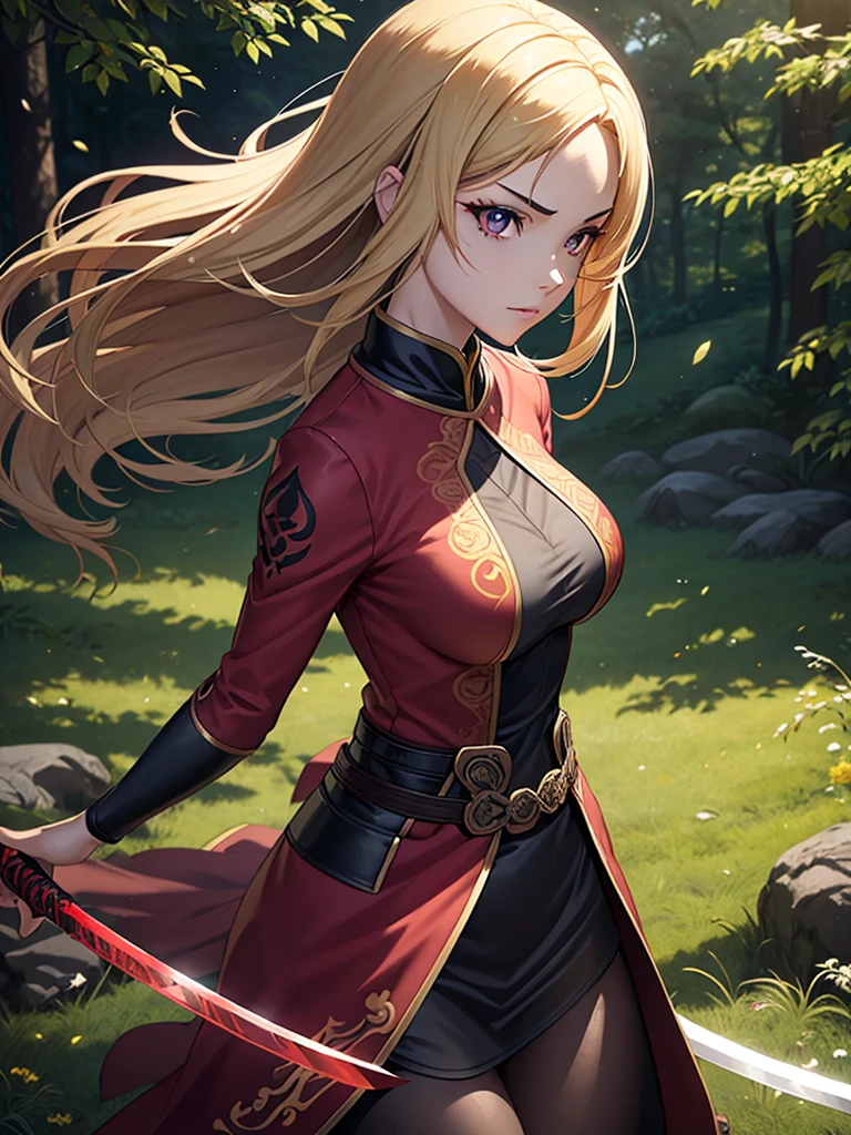 A beautiful young woman with short brown hair and a mix of blonde and brown eyes, wearing the standard Demon Slayer Corps uniform. She has a red haori with a pattern on it, and a large plus-shaped scar in the middle of her forehead, with bangs covering it. She has an elegant, serious, and kind expression, embodying the Demon Slayer art style. The woman is standing in a peaceful, daytime forest, holding a katana sword. She shines like a diamond, radiating an ethereal beauty. (best quality,4k,8k,highres,masterpiece:1.2),ultra-detailed,(realistic,photorealistic,photo-realistic:1.37),1girl,beautiful detailed eyes,beautiful detailed lips,extremely detailed eyes and face,longeyelashes,demon slayer uniform,red haori,plus-shaped scar,forest,katana sword,elegant,serious,kind,demon slayer art style,shining,diamond-like,anime