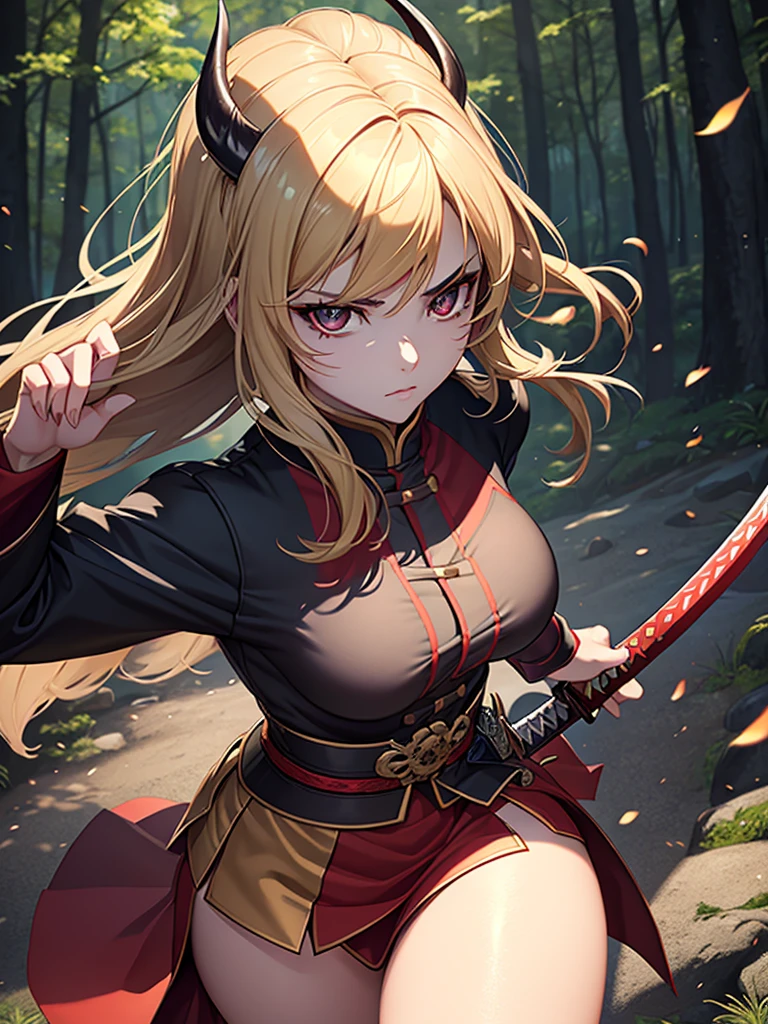 A beautiful young woman with short brown hair and a mix of blonde and brown eyes, wearing the standard Demon Slayer Corps uniform. She has a red haori with a pattern on it, and a large plus-shaped scar in the middle of her forehead, with bangs covering it. She has an elegant, serious, and kind expression, embodying the Demon Slayer art style. The woman is standing in a peaceful, daytime forest, holding a katana sword. She shines like a diamond, radiating an ethereal beauty. (best quality,4k,8k,highres,masterpiece:1.2),ultra-detailed,(realistic,photorealistic,photo-realistic:1.37),1girl,beautiful detailed eyes,beautiful detailed lips,extremely detailed eyes and face,longeyelashes,demon slayer uniform,red haori,plus-shaped scar,forest,katana sword,elegant,serious,kind,demon slayer art style,shining,diamond-like,anime