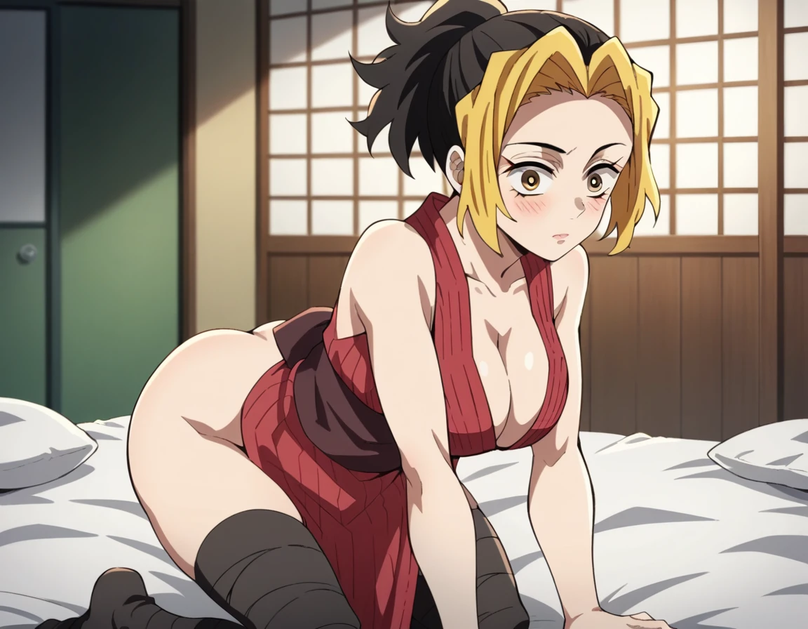 score_9, score_8_up, score_7_up, source_anime, knymakio, makio, blonde hair, black hair, brown eyes, yellow eyes, ponytail, multicolored hair, two-tone hair, thighhighs, cleavage, japanese clothes, black thighhighs, indoors, bed, bed room,blush, solo, back, ass, big ass, nude, big breasts, ass focus, on all fours, sitting,