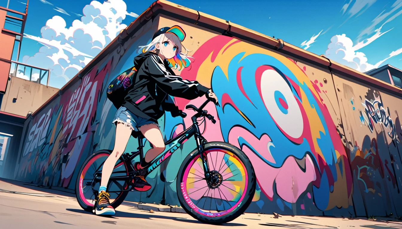 HD 8k Handsome sexy cute, Solitary, 1 female, Medium Length Hair, white hair, Rainbow hair, blue Eyes, "HD 8K riding bicycle", Rainbow headphone, hoodie, colored hoodie, black Trucker Hat, hip-hop style big hooded jacket denim shorts, sneakers NIKE, Human focus, outdoor, blue sky, White clouds, graffiti Popularity spray art