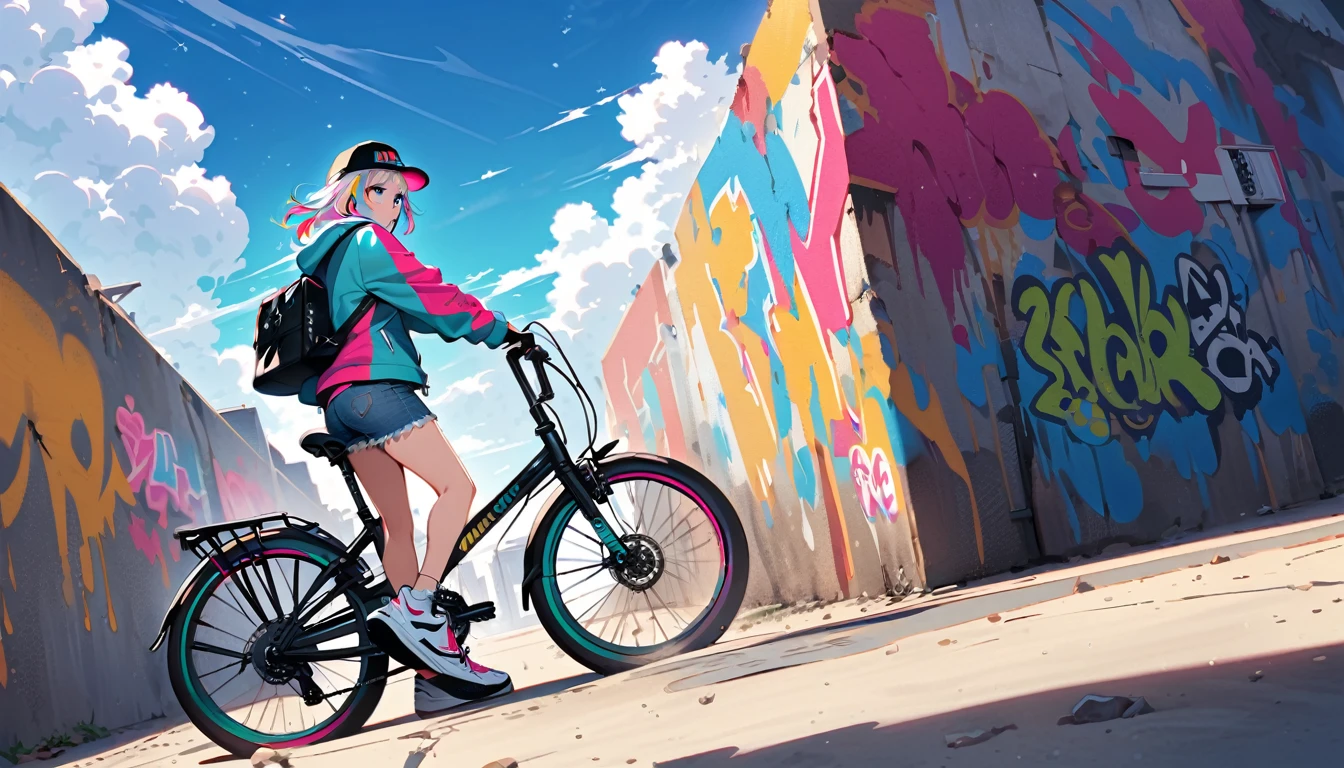 HD 8k Handsome sexy cute, Solitary, 1 female, Medium Length Hair, white hair, Rainbow hair, blue Eyes, "HD 8K riding bicycle", Rainbow headphone, hoodie, colored hoodie, black Trucker Hat, hip-hop style big hooded jacket denim shorts, sneakers NIKE, Human focus, outdoor, blue sky, White clouds, graffiti Popularity spray art