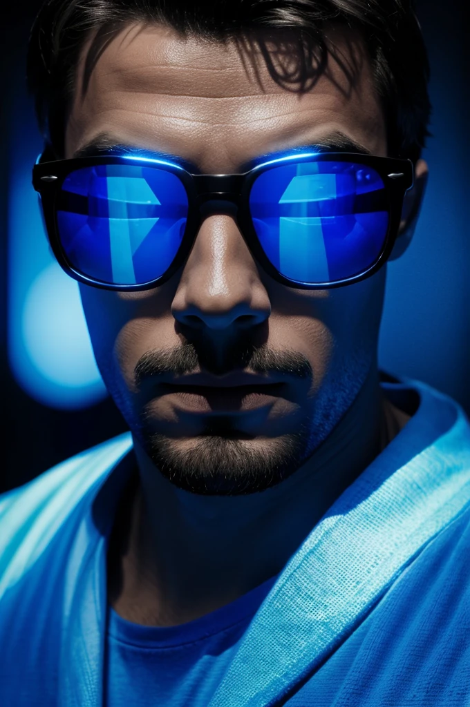 Make a blue man with sunglasses in the dark his face filled with blue lights