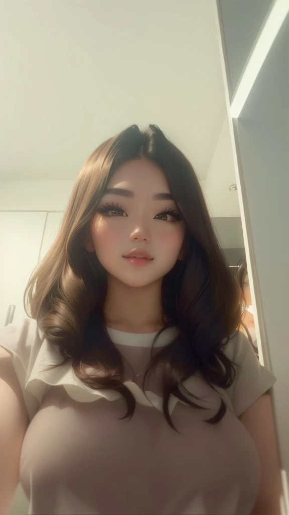 there is a woman taking a selfie in a mirror, low quality video, with round face, tiktok video, with long hair, ruan cute vtuber, with short hair, from 8 k matte, thick lips, with instagram filters, 🤤 girl portrait, she has a cute face, she is facing the camera, cindy avelino, nude body, sexy