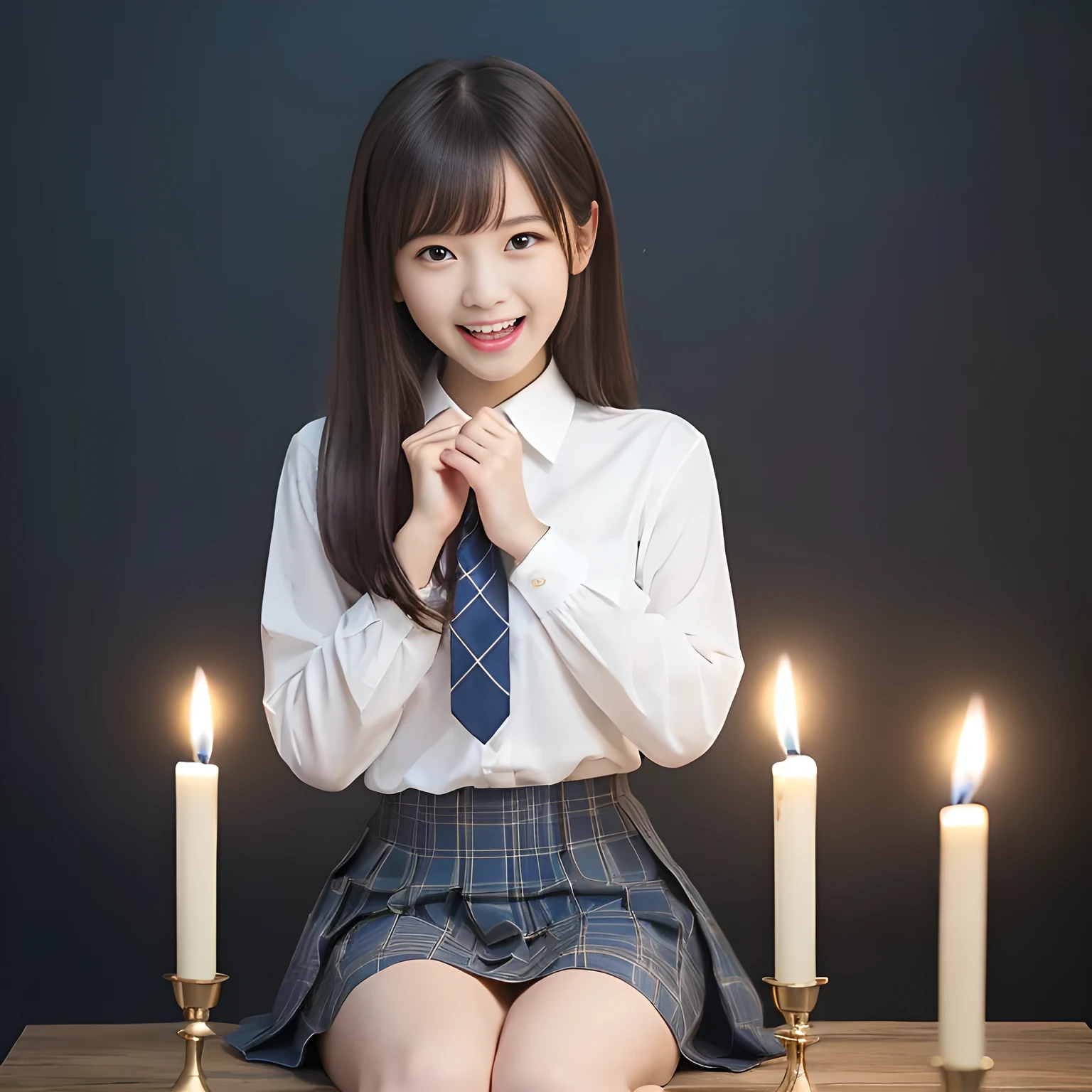 (highest quality, masterpiece:1.2), highest quality, High resolution, 1080P, 8K, Height: 158cm, ((A noble and intelligent girl like Japanese cute girly lady is hypnotizing and giggling, A very sweet, very noble, pretty and neat Japanese beautiful cute girl. Realistic very girly sweet cute noble girl like a princess is seated in many evil candles)), ((Completely black room with candles)), ((((14 years old, popular Japanese cute fashion model)))), ((((Extremely pure white face and hands and legs)))), Glossy lips, (Evenly cut bangs), ((Very beautifully laughing brown drooping gooey cute neat noble eyes)), ((straight black super-long straight hair)), Very lustrous, glossy lips, Open hand over open mouth, Beautiful straight hair like a hair model, Watching the viewer and laughing, ((Incredibly well organized, The expression is rich. plump and beautiful white skin and face)), ((Pure and clear sweetly smiling eyes)), ((smiling at me)), Glossy Lips, ((noble and neat)), ((Like a succubus is fascinating with magic and giggling)), ((((A succubus is fascinating and calling to the deeper place forever)))), Extremely beautiful blue skirt, ((highly up-curved lips)), ((looking at the viewer directly)), white hands, ((Navy Japanese school blazer, Navy and sapphire blue Japanese school uniform tartan checkered pleated long skirt, Blue string ribbon tie)), ((((An ecstatic face expression of boundless joy)))), ((black background))