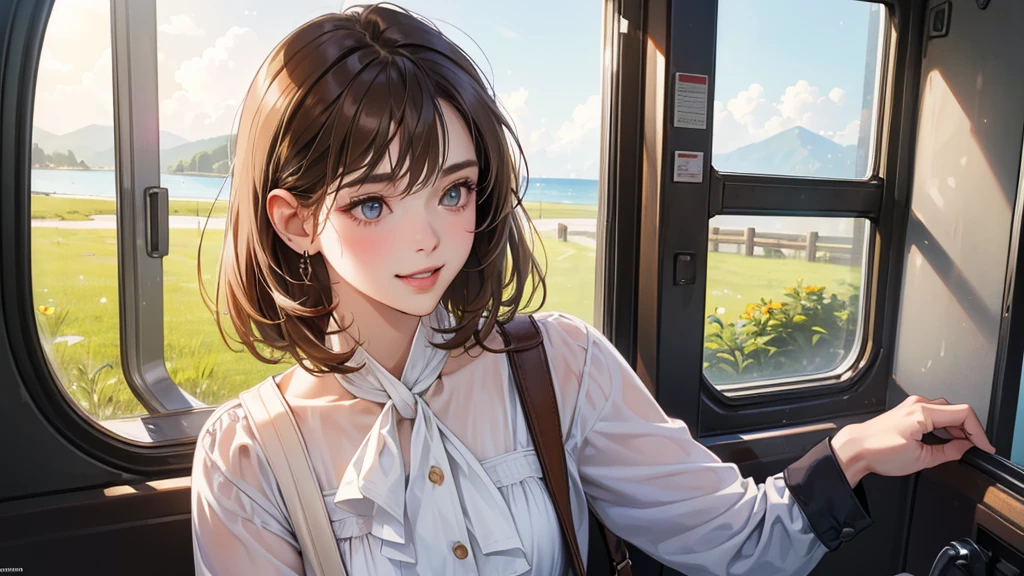 (perfect anatomy:1.2)(absurdres, highres, ultra detailed),masterpiece,best quality,high resolution,8K,Realistic face,Realistic skin texture,magnified textures, stunning clarity,detailed girl,1 girl.(ultra detailed eyes and face),22 years old.（gley jacket,White blouse、Brown Hair、Shortcuts、Natural Makeup、Women's Pants）、good feeling、laughing、morningの通勤電車、clear、smilingly、morning、clearれやか、Orange Tote Bag、Window、Looking at the sky

