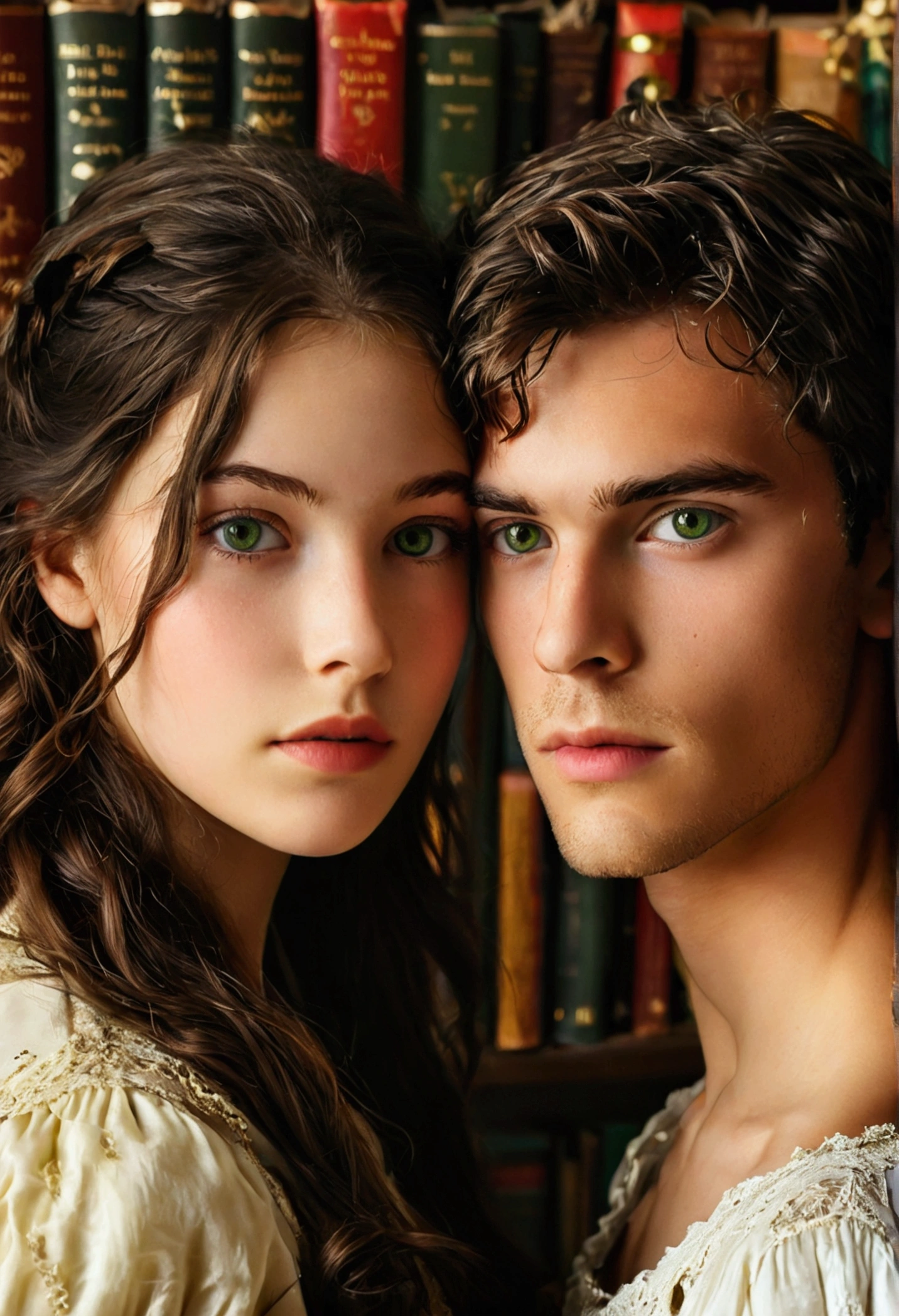 "Create a book cover featuring two characters: Hazel Hartmann and Ethan Beauchard. Hazel is a 17-year-old woman with long, chocolate-brown hair and almond-shaped amber eyes, dressed in a classic, elegant . Ethan is an 18-year-old man with dark hair and green eyes, also in a . Position them close together with a noticeable sense of tension between them. In the background, include a large bookshelf filled with books, setting an academic and sophisticated tone. The characters should have mature features, reflecting their ages and the intensity of their relationship."