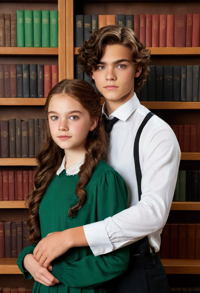 "Create a book cover featuring two characters: Hazel Hartmann and Ethan Beauchard. Hazel is a 17-year-old woman with long, chocolate-brown hair and almond-shaped amber eyes, dressed in a classic, elegant . Ethan is an 18-year-old man with dark hair and green eyes, also in a . Position them close together with a noticeable sense of tension between them. In the background, include a large bookshelf filled with books, setting an academic and sophisticated tone. The characters should have mature features, reflecting their ages and the intensity of their relationship."