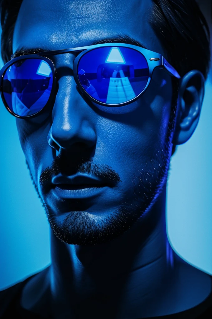 Make a blue man with sunglasses in the dark his face filled with blue lights