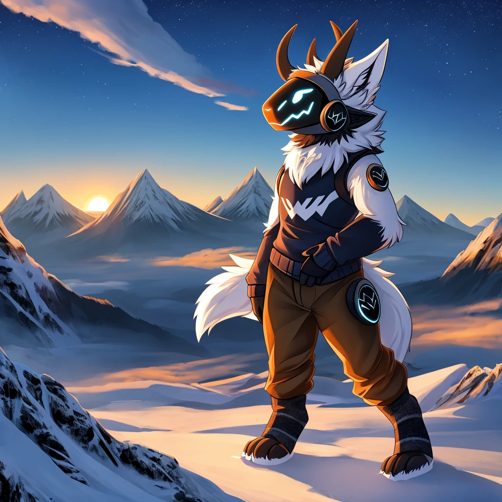 Hairy protogen with horns not so big or small on its head and smiling at a sunset in a mountain and blue with black and white fur and with the body of a protogen with more vital parts and with a sweater and mountain pants being alone and his tail a little long and fluffy